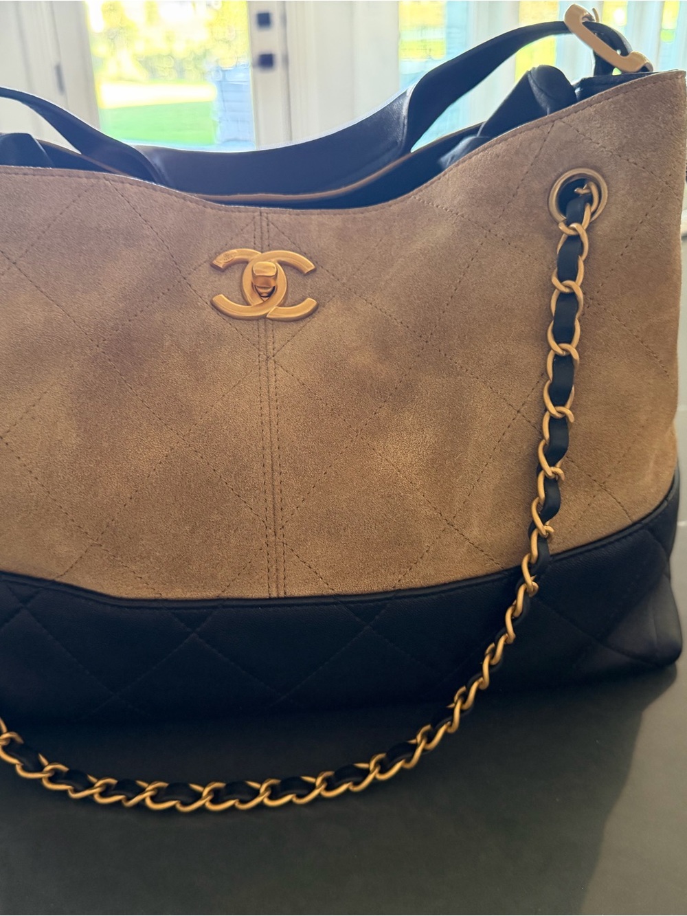 Chanel Two-Tone Suede & Leather Shoulder Bag in Beige and Black - Picture 2 of 16